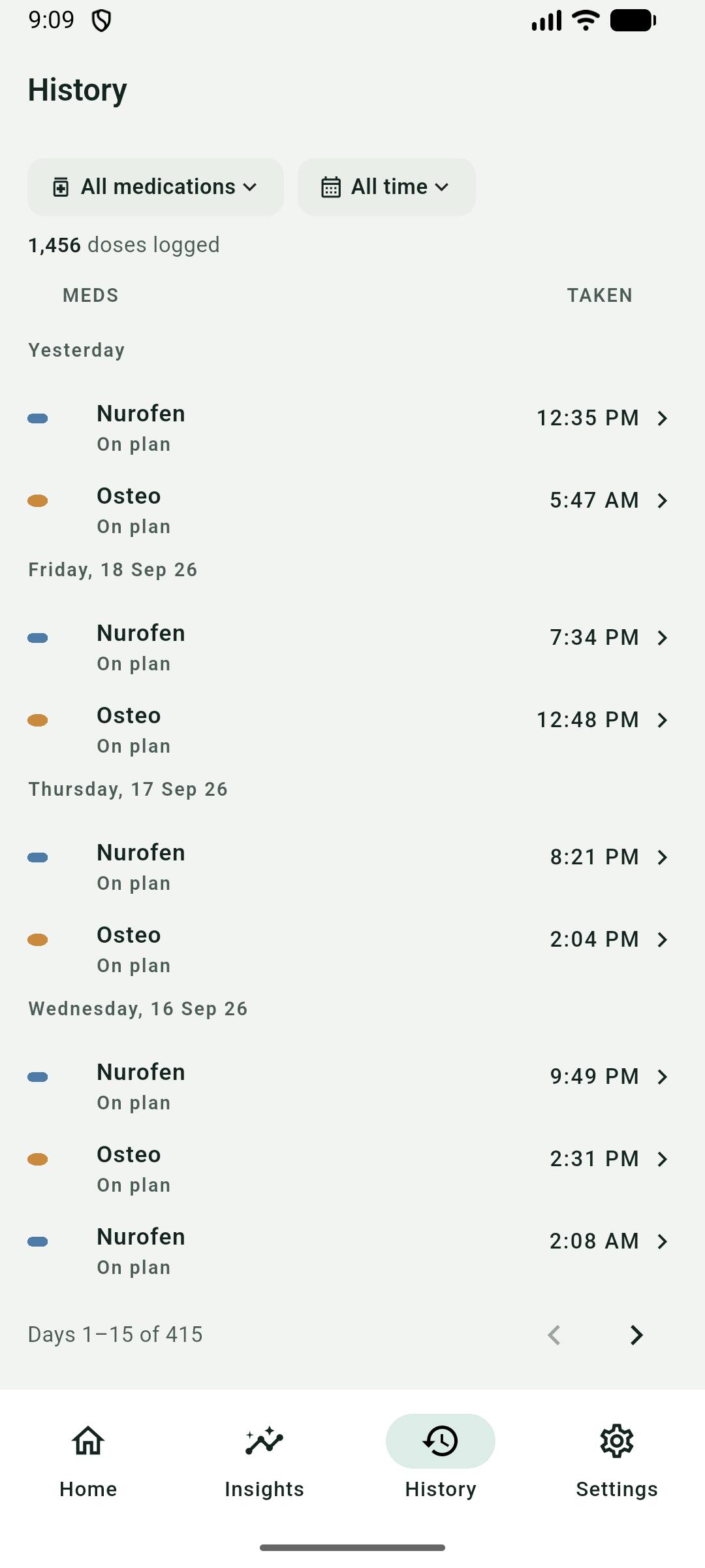 History screen listing logged doses with a running count